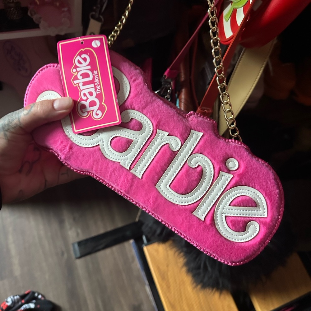 Barbie Pink Logo Plush Bag with Gold Chain
